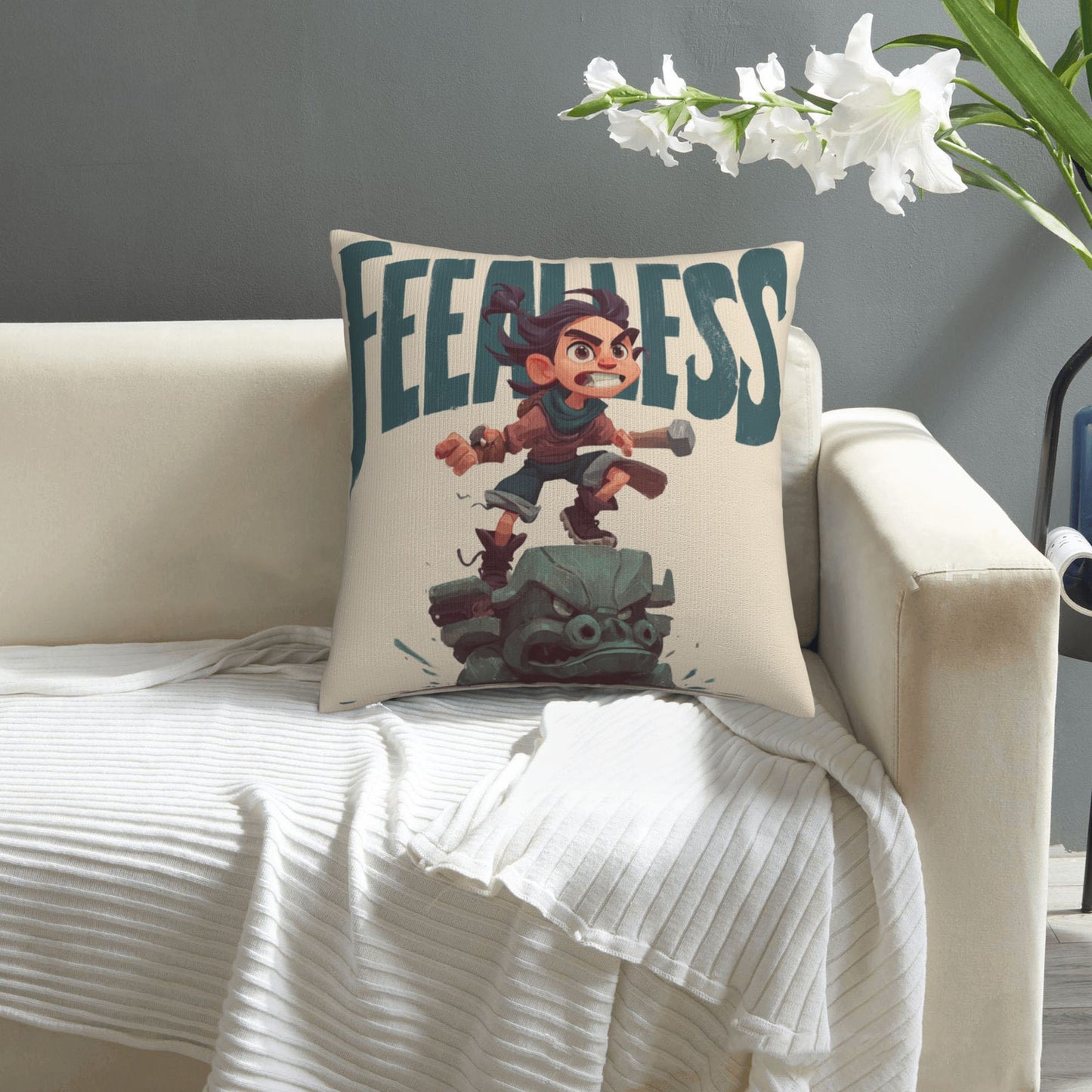 18"x18" Fearless Cartoon Pillow Cover – Brave Adventurer Print Throw Pillowcase for Kids & Gamers
