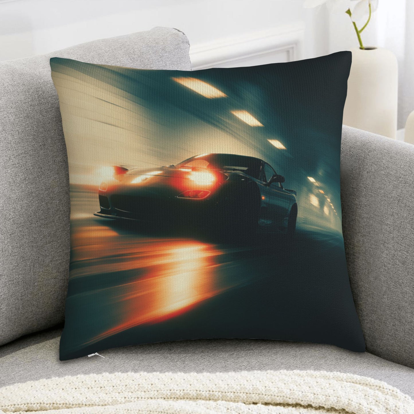18"x18" Speeding Black Car Tunnel Pillow Cover – High-Speed Night Racing Decorative Throw Pillowcase