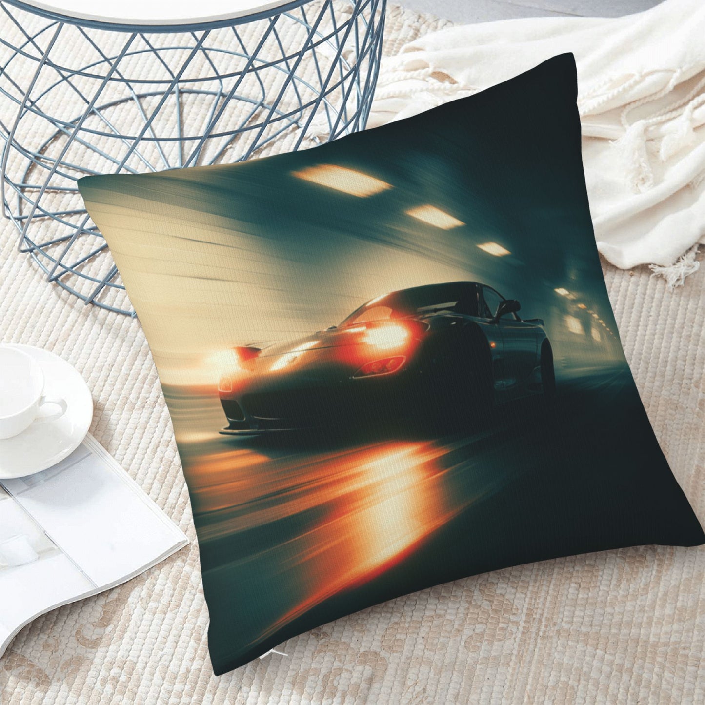 18"x18" Speeding Black Car Tunnel Pillow Cover – High-Speed Night Racing Decorative Throw Pillowcase