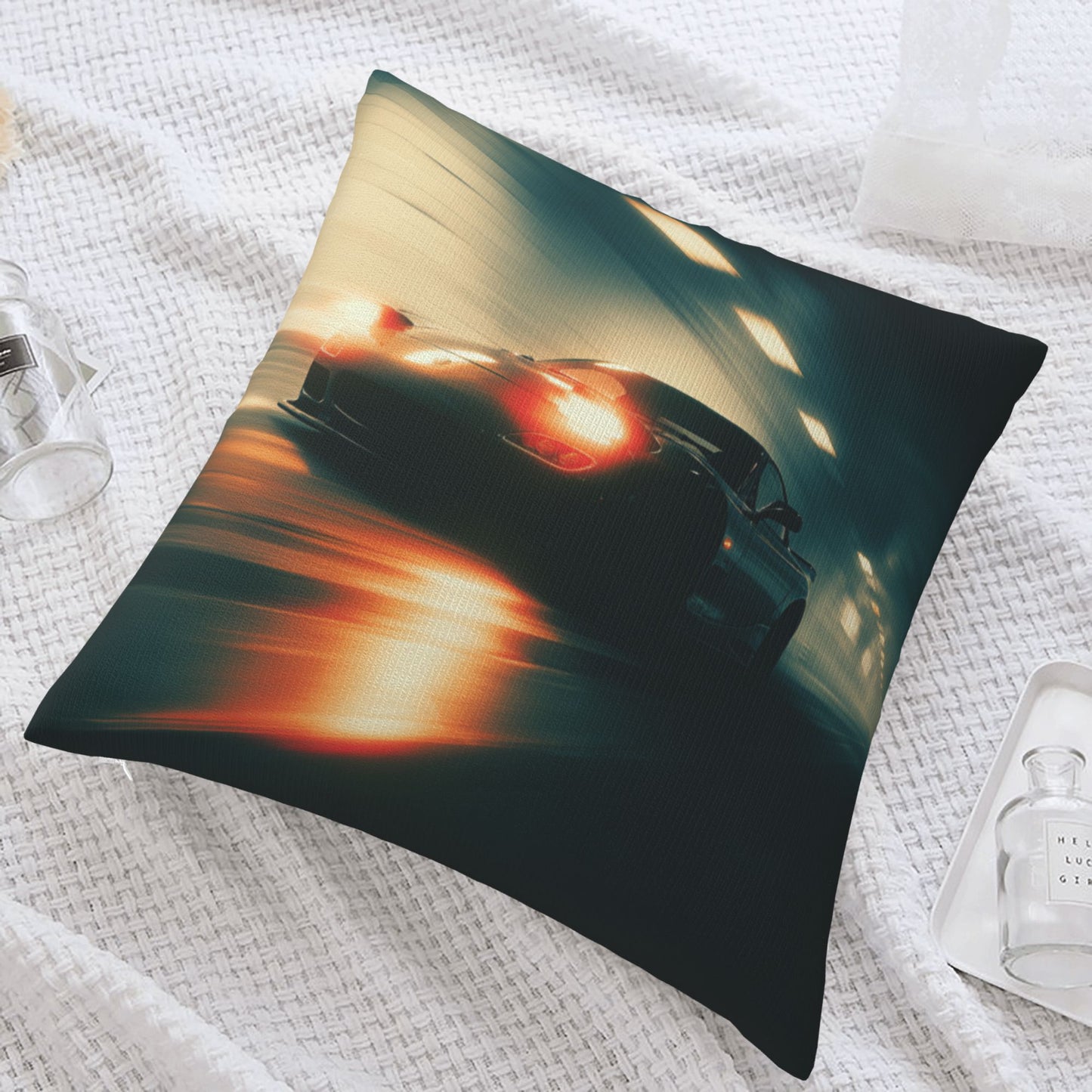 18"x18" Speeding Black Car Tunnel Pillow Cover – High-Speed Night Racing Decorative Throw Pillowcase