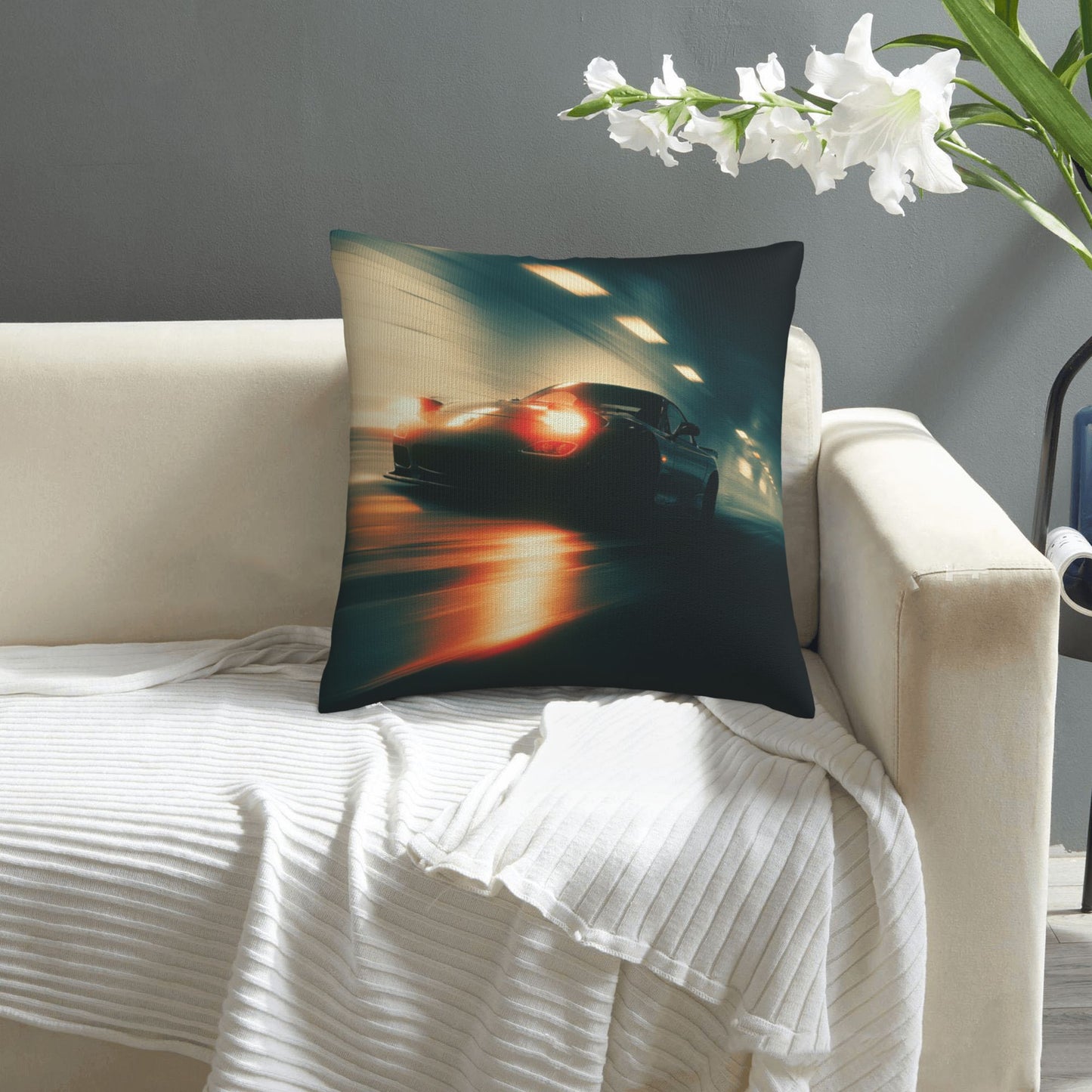 18"x18" Speeding Black Car Tunnel Pillow Cover – High-Speed Night Racing Decorative Throw Pillowcase