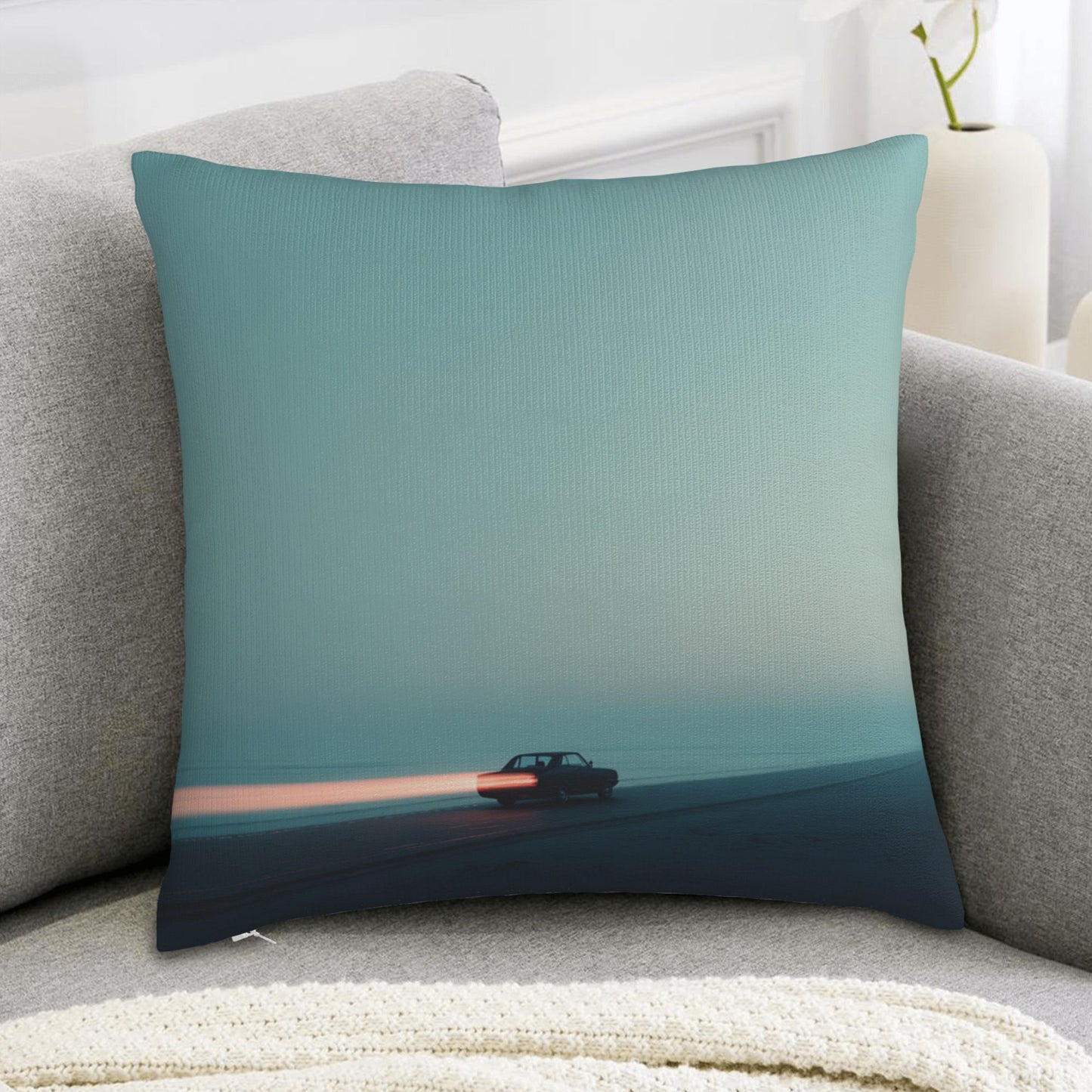 18"x18" Minimalist Sunset Car Journey Pillow Cover – Serene Road Trip Decorative Cushion Case