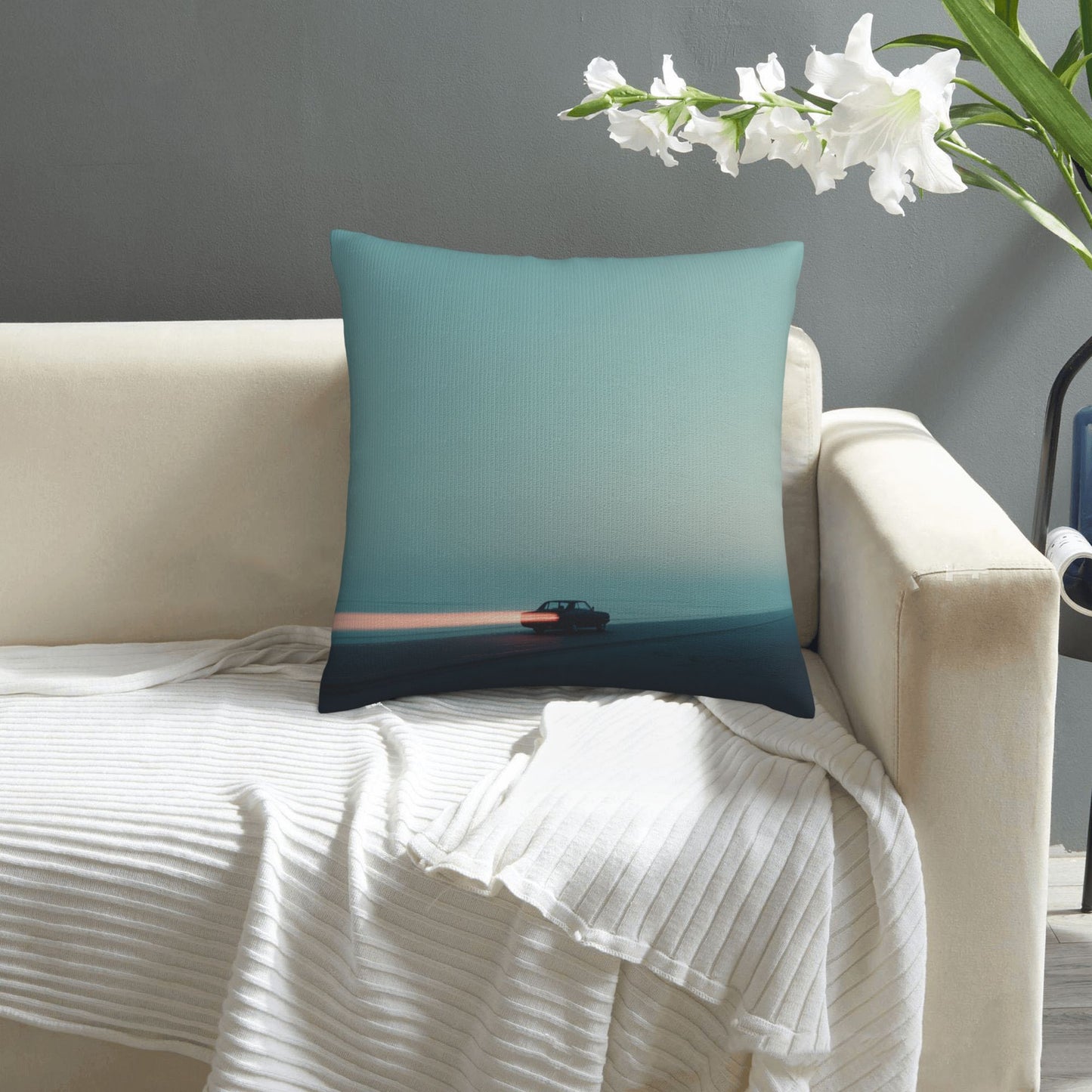 18"x18" Minimalist Sunset Car Journey Pillow Cover – Serene Road Trip Decorative Cushion Case