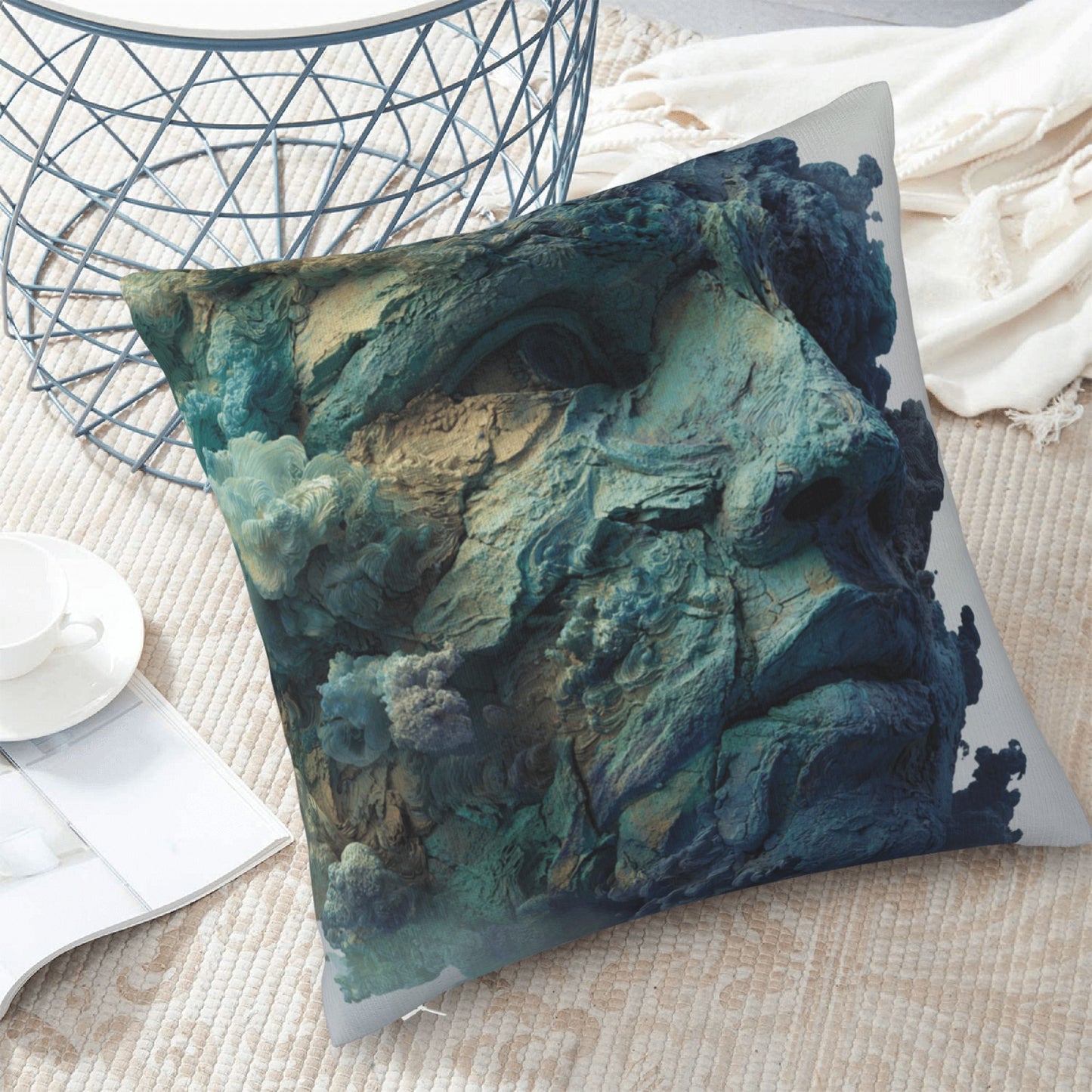 18"x18" Abstract Rock Texture Face Pillow Cover – Artistic Carved Stone Style Decorative Cushion Case