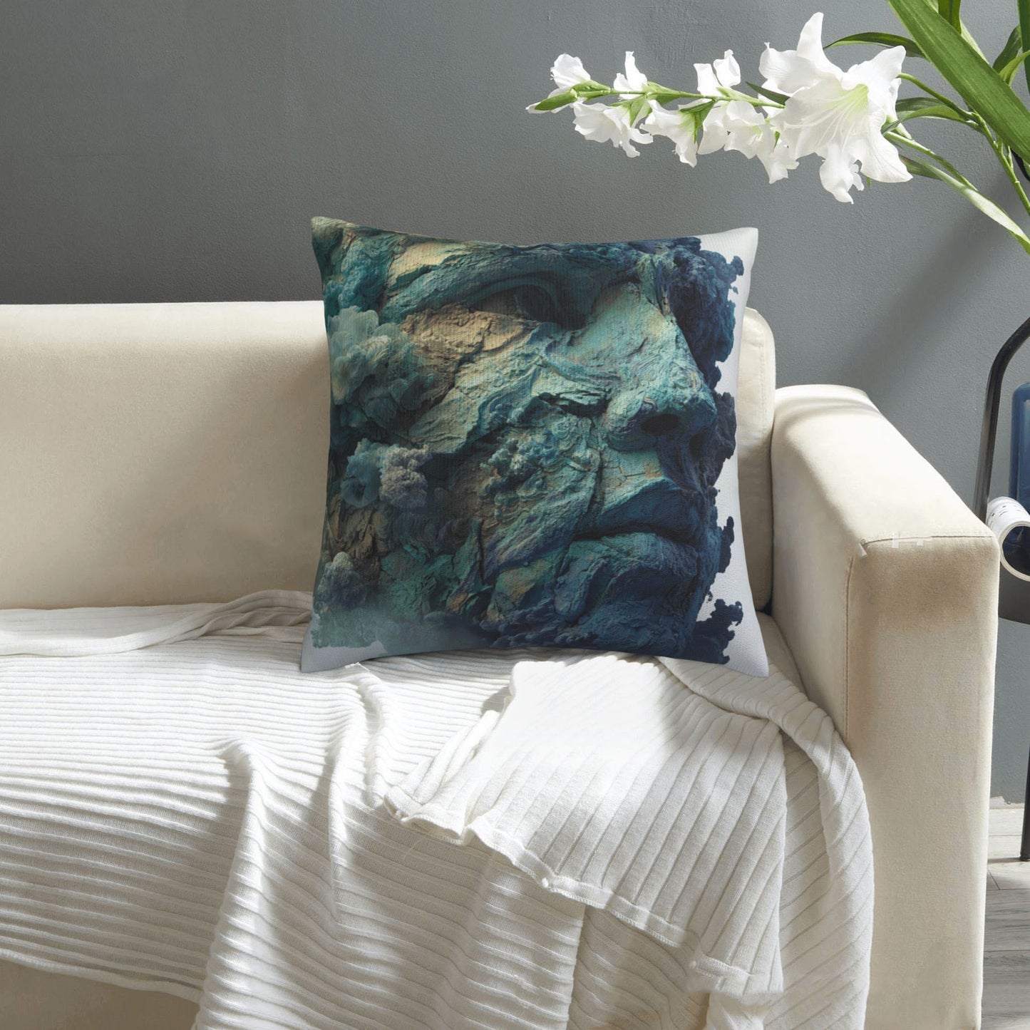 18"x18" Abstract Rock Texture Face Pillow Cover – Artistic Carved Stone Style Decorative Cushion Case